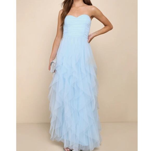 Lulus NWOT Delightful Beauty Blue Mesh Strapless Ruched Ruffled Maxi Dress - Picture 2 of 10